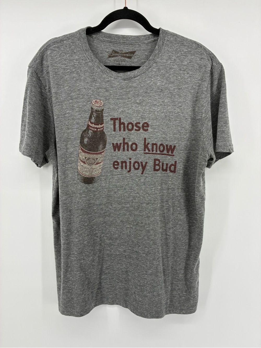 Budweiser Grey Short Sleeve Tee with Bottle Graphic and Slogan